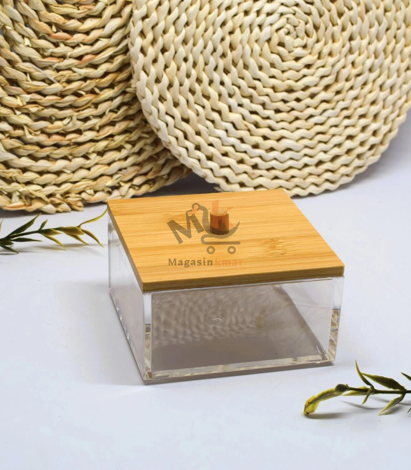 Boîte cosmétique carrée en plexi avec couvercle en bambou