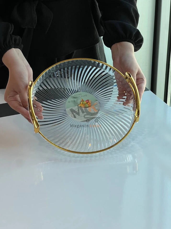 Plateau rond en plexi avec deux manche doré