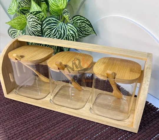 Porte-épices Carre en verre avec support et couvercle en bambou