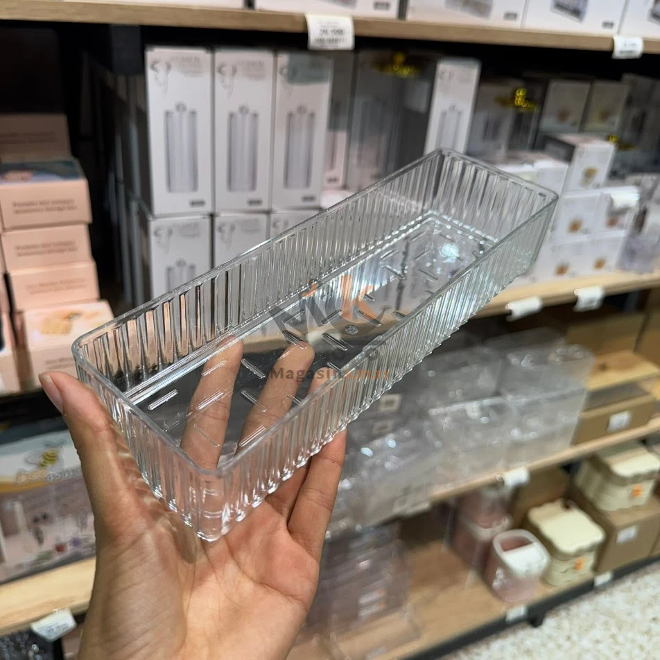 Boîte de rangement rectangulaire en plexi rayé – Organisateur transparent 25×7×4 cm