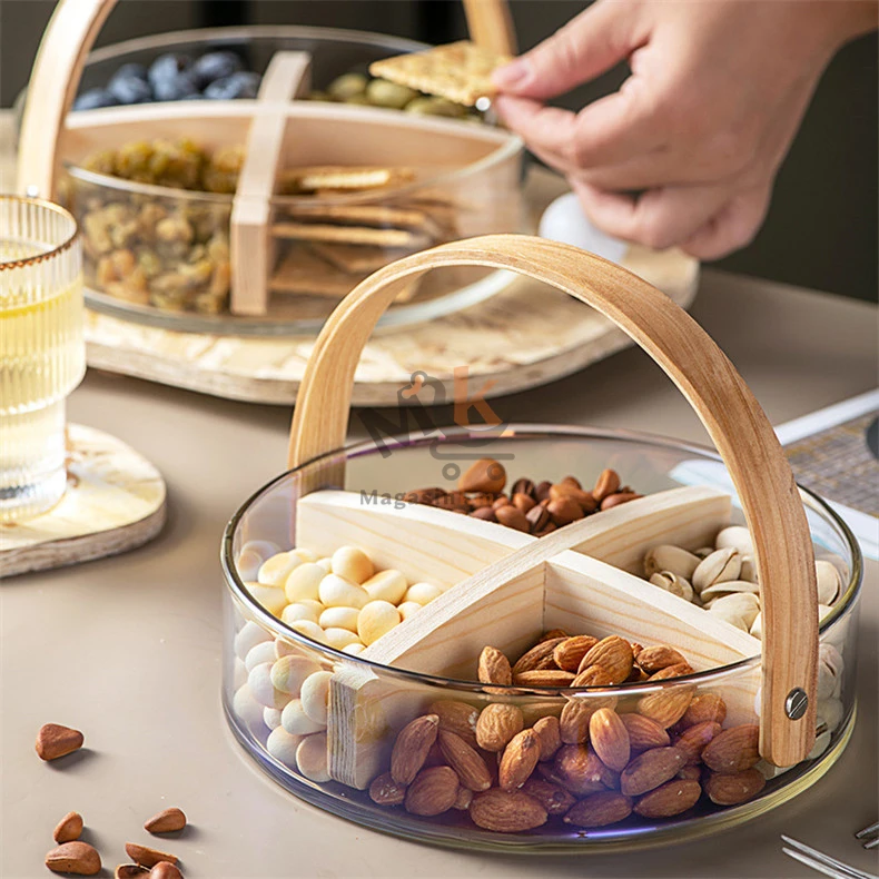 Bol en verre à 4 compartiments avec manche en bois