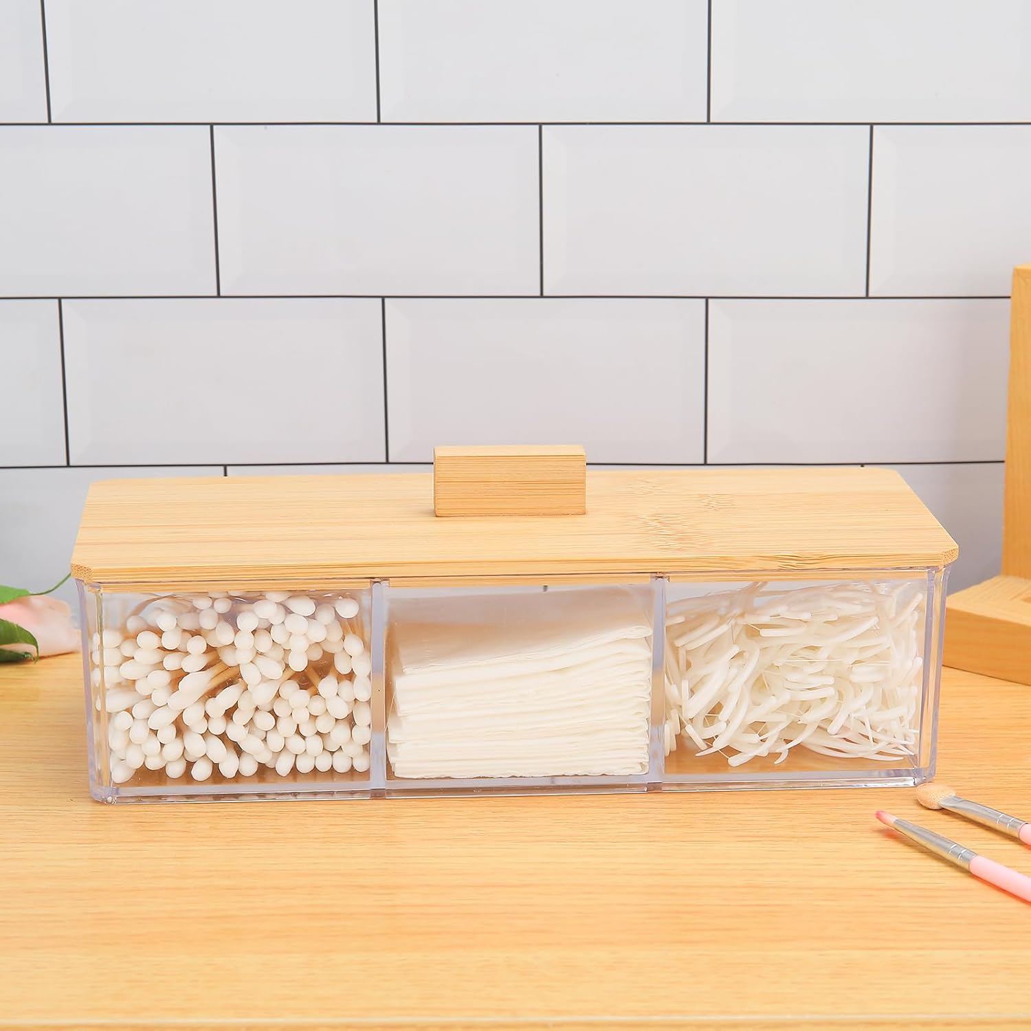 Porte-coton 3 compartiments avec couvercle en bois