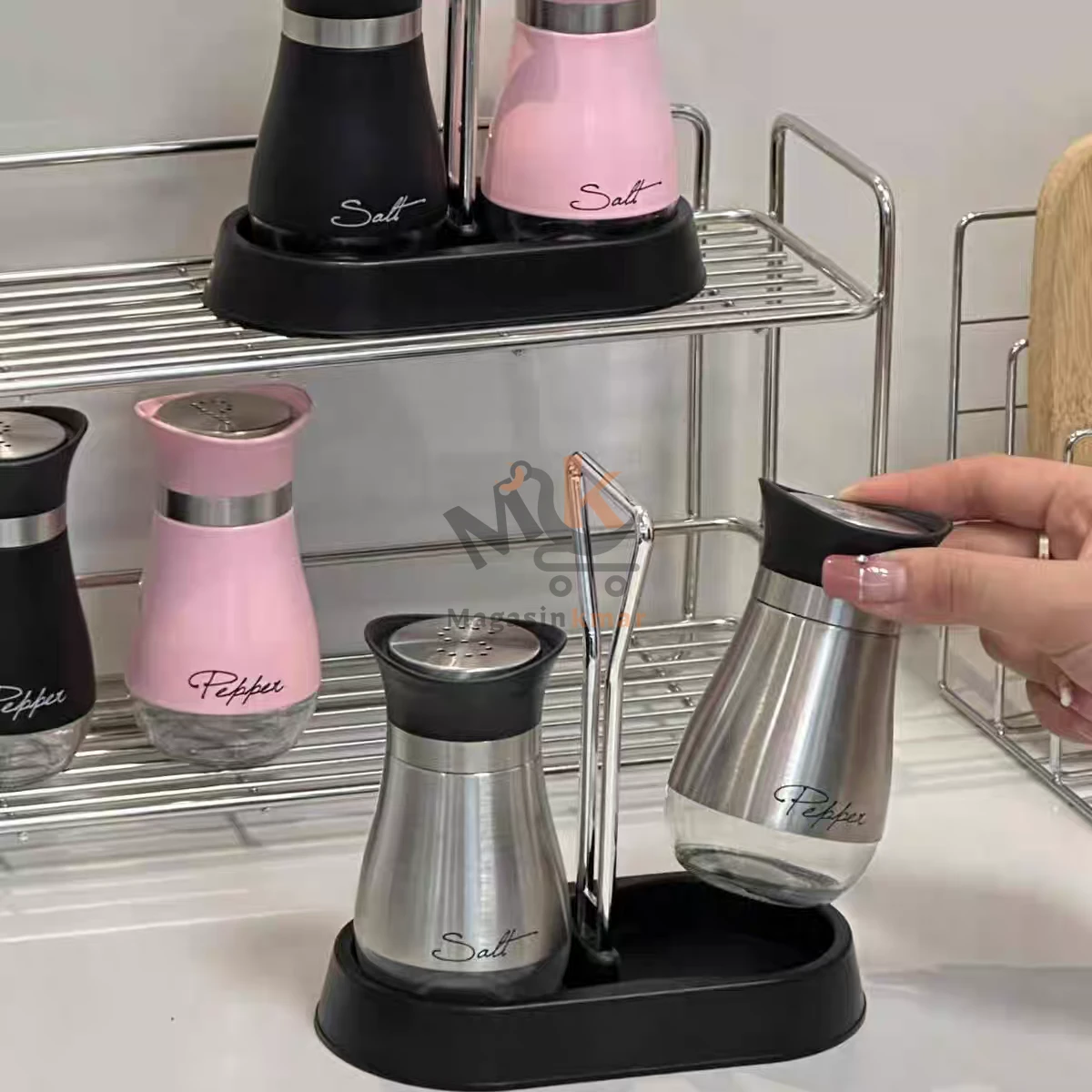 Set sel et poivre en verre avec support plastique – Accessoire élégant pour table