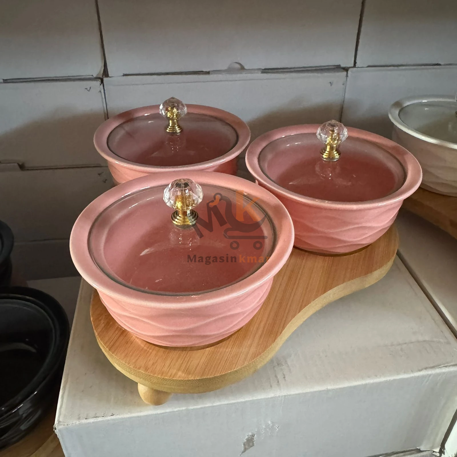 Ensemble de 3 bols en céramique avec support en bois – Service élégant