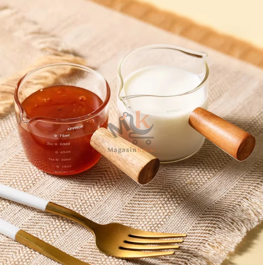 Tasse doseur en verre avec poignée en bois – Mesure précise pour cuisine