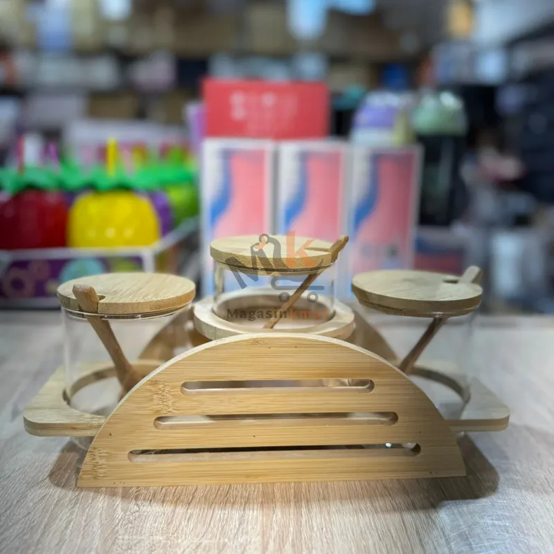 Porte-épices Rond en verre avec support et couvercle en bambou