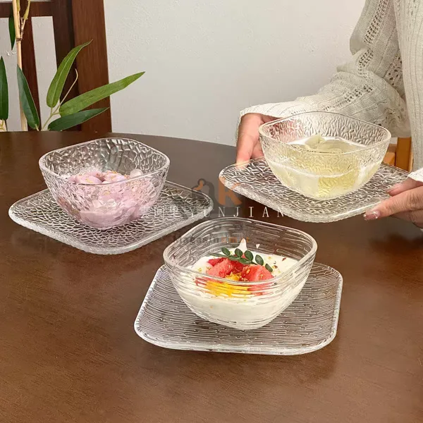 Service 12 pièces en verre – 6 bols et 6 mini assiettes pour dessert et snacks