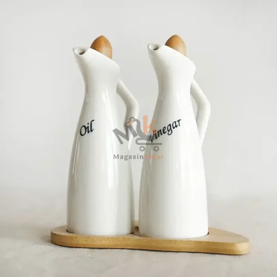 Set de 2 huiliers en céramique avec support en bois