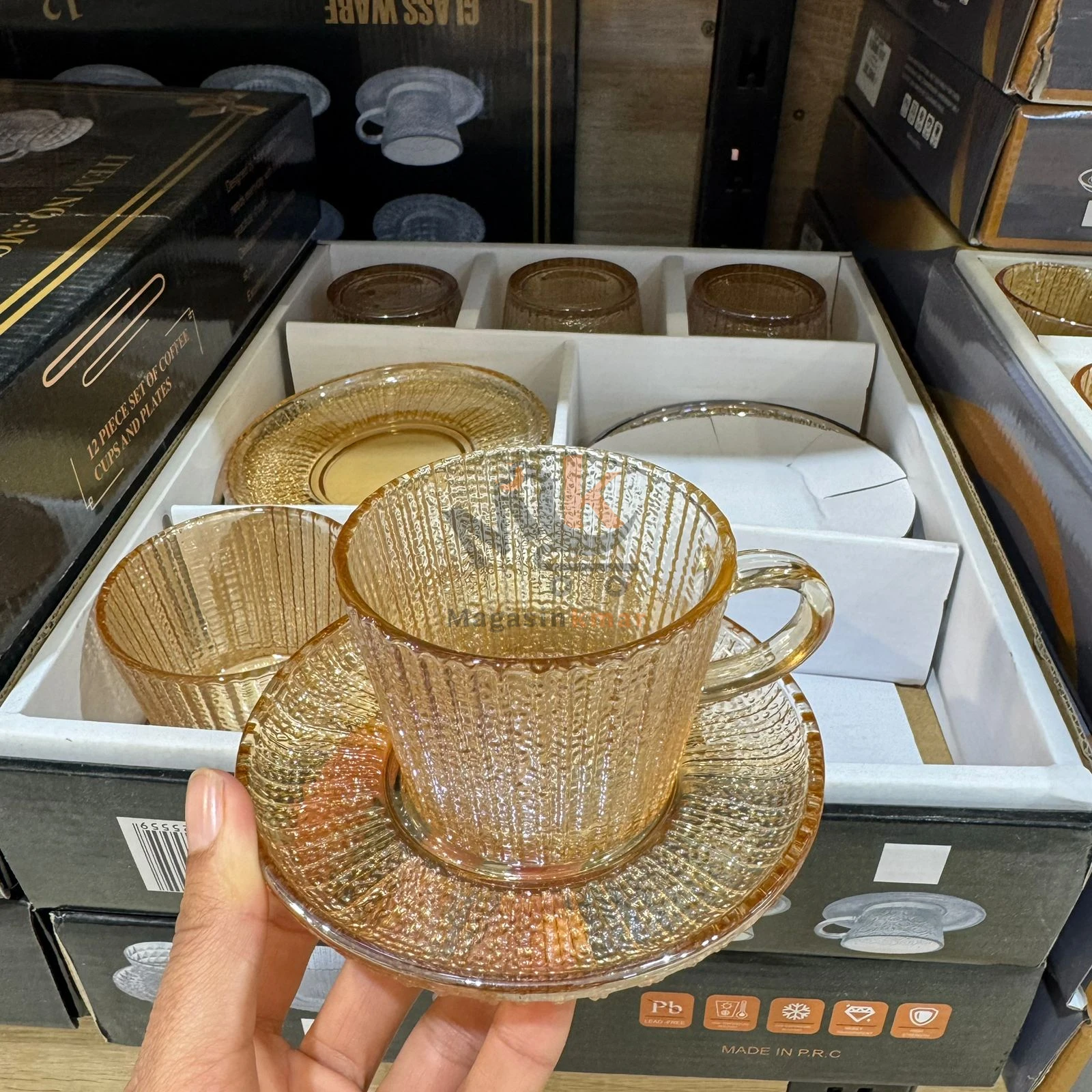 Service à café au lait  doré en verre – 6 tasses avec sous-tasses élégantes