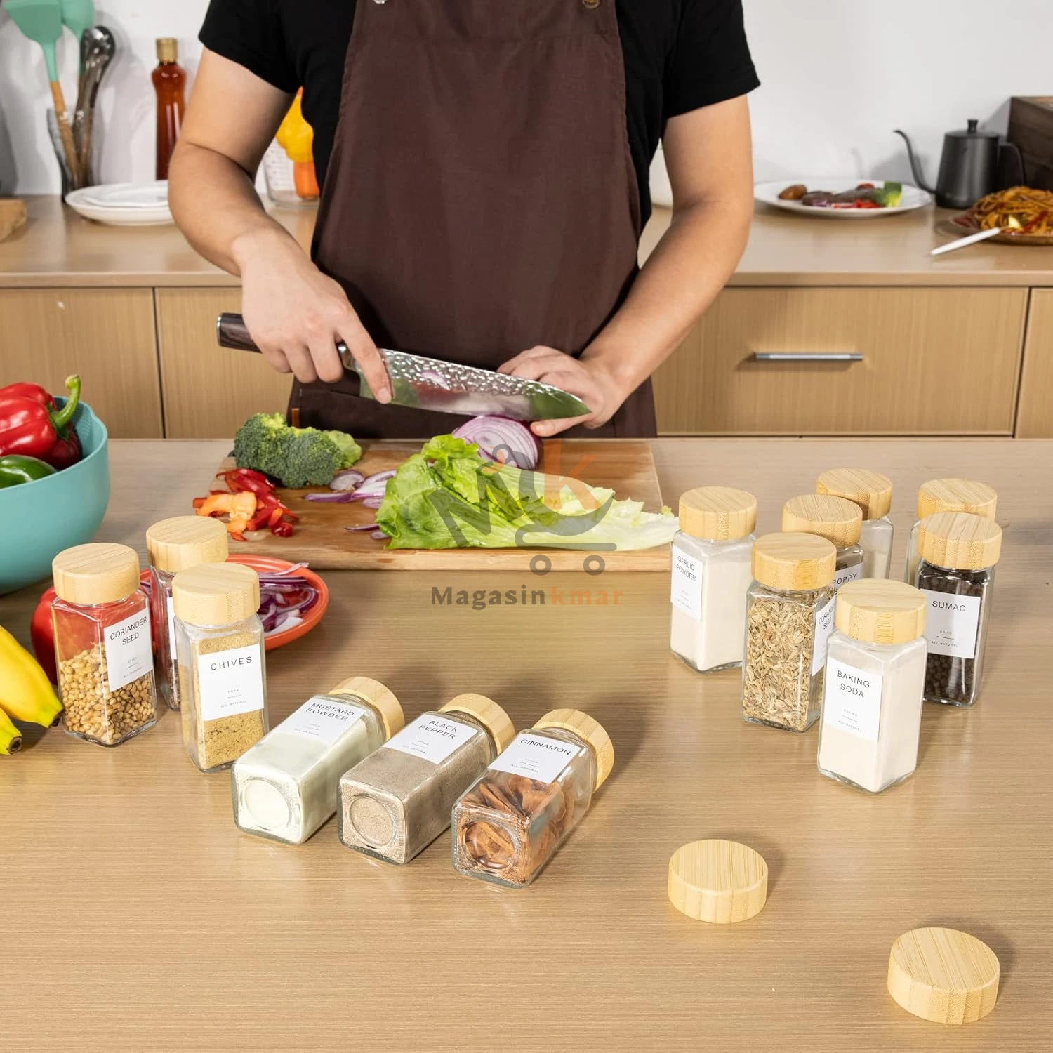 Boîte épices en verre avec couvercle bois