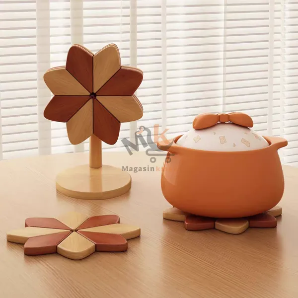 Ensemble 5 pièces sous-plats en bois bambou  avec support