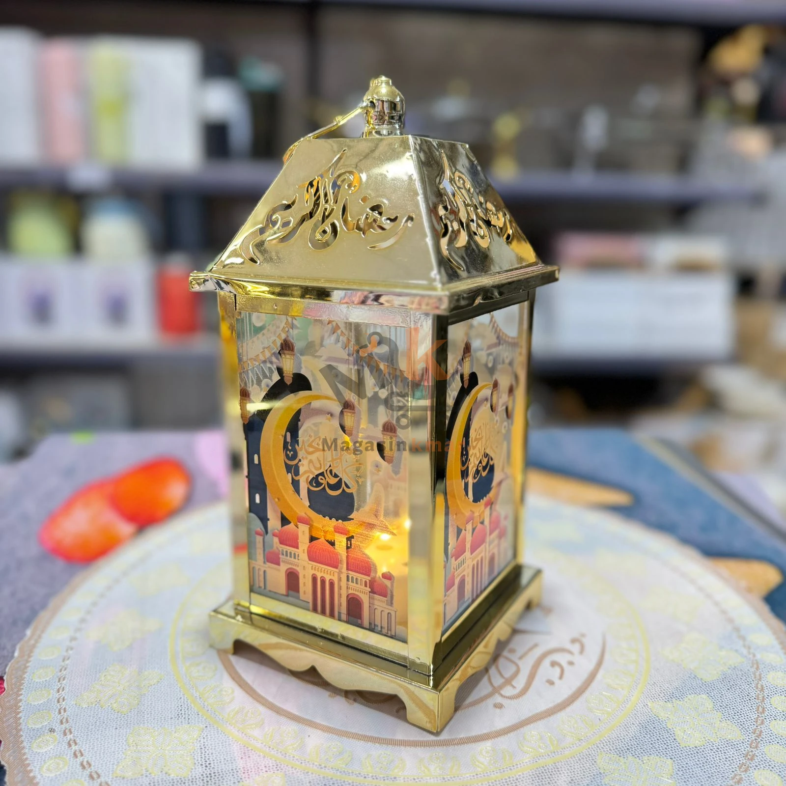 Fanous  LED avec musique ramadan doré en métal – Grande taille – Décoration lumineuse élégante