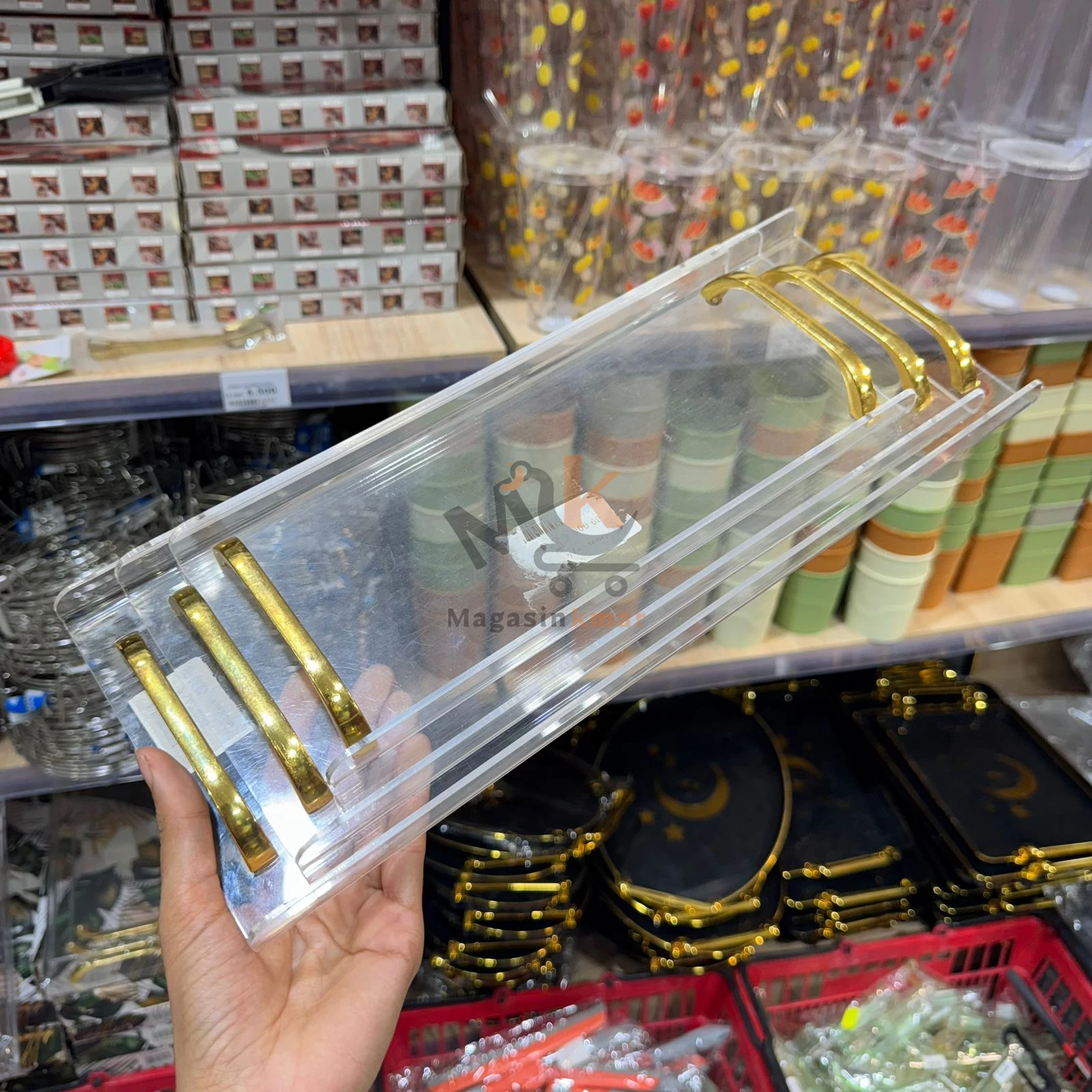 Set de 3 plateaux décoratifs en plexi avec manche doré