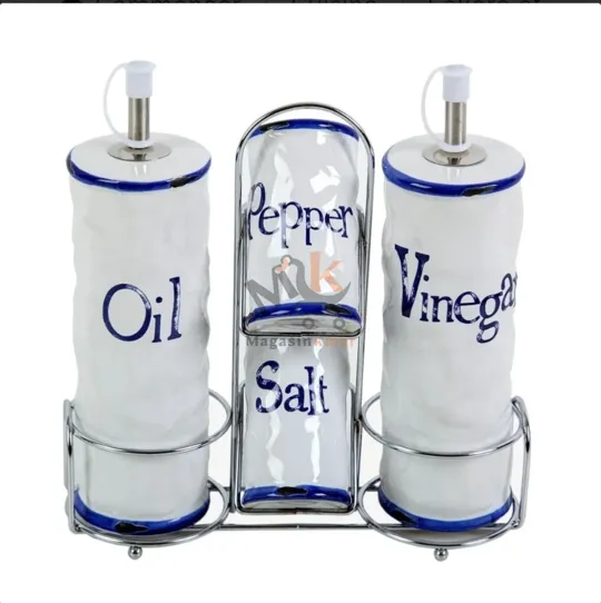 Set huile vinaigre sel et poivre en céramique avec support