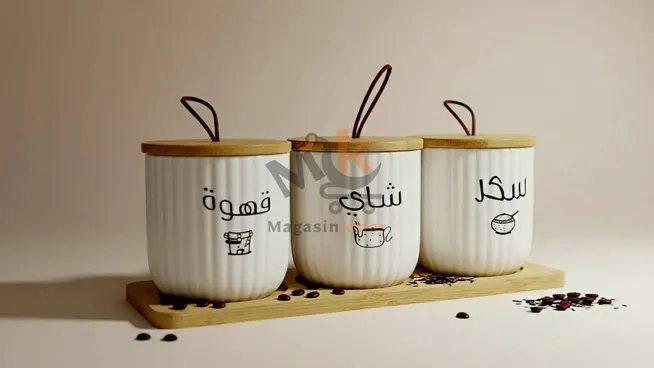 Set de 3 boîtes à épices en céramique avec support en bois