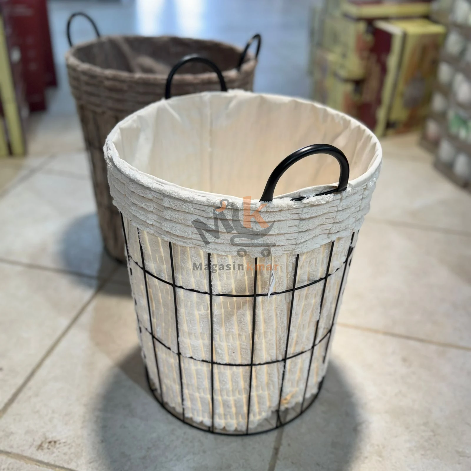 Panier à linge rond en velours avec structure métal 41 cm – Rangement élégant pour vêtements