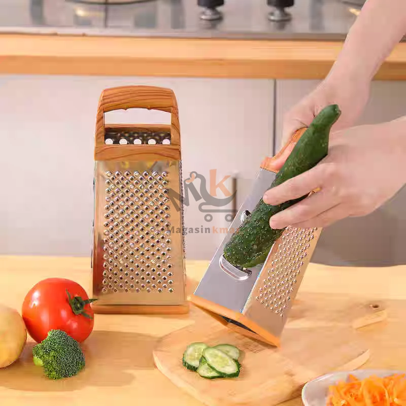 Râpe 4 faces en acier inox avec manche effet bois – Ustensile polyvalent pour cuisine