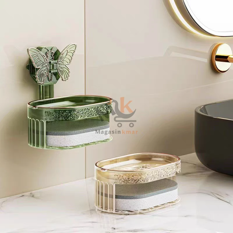 Porte savon mural en plexi avec éponge avec motif papillon