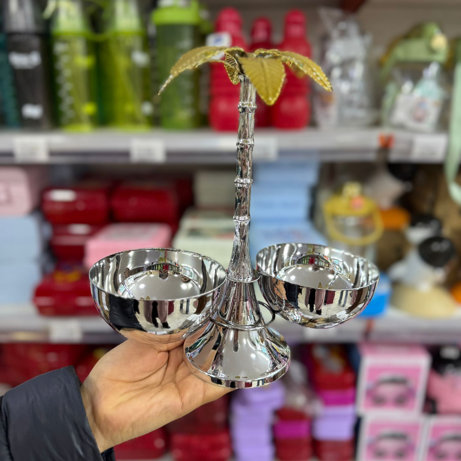 Présentoir  en métal forme palmier avec 2 bols – Décoration élégante