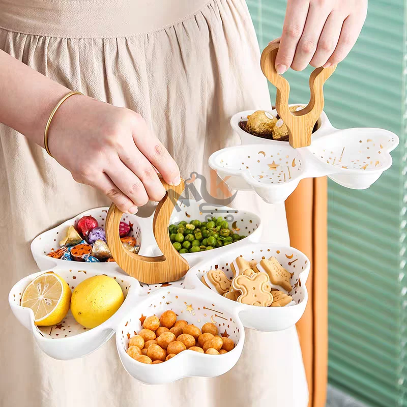 Présentoir en céramique avec poignée en bois – Plateau élégant 30 cm