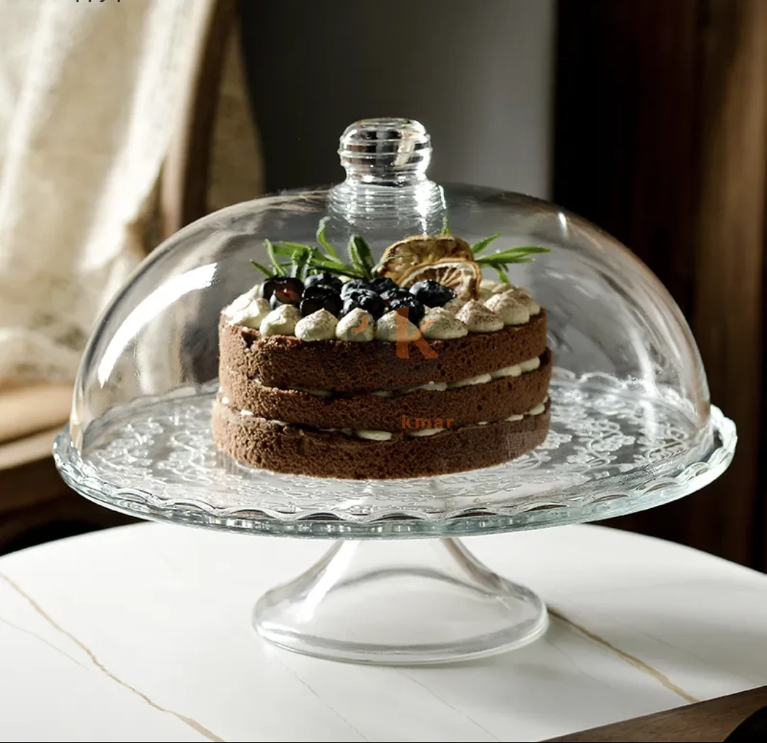 Présentoir à gâteau sur pied en verre transparent avec cloche
