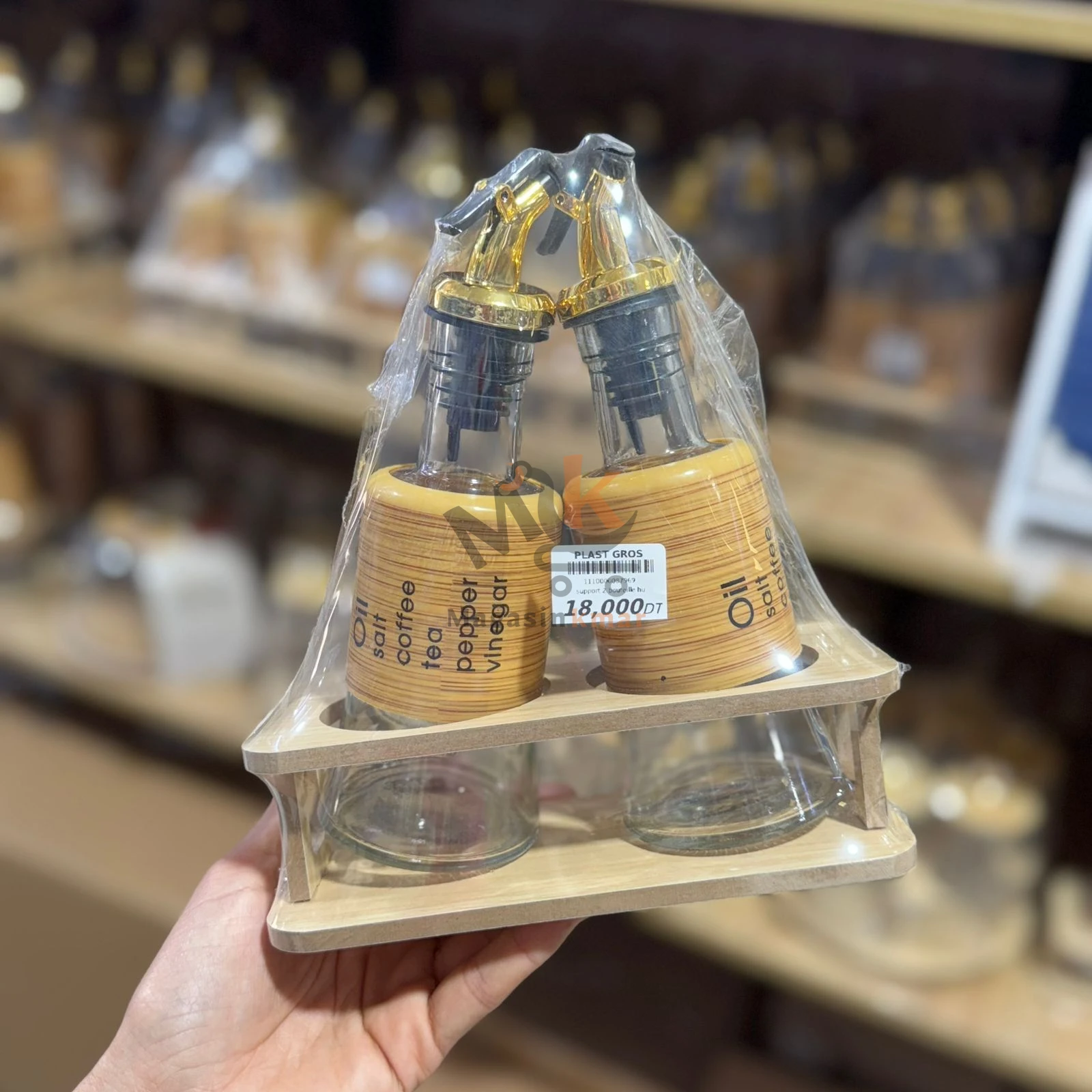 Set de 2 bouteilles à huile en verre avec support en bois – Distributeur élégant cuisine