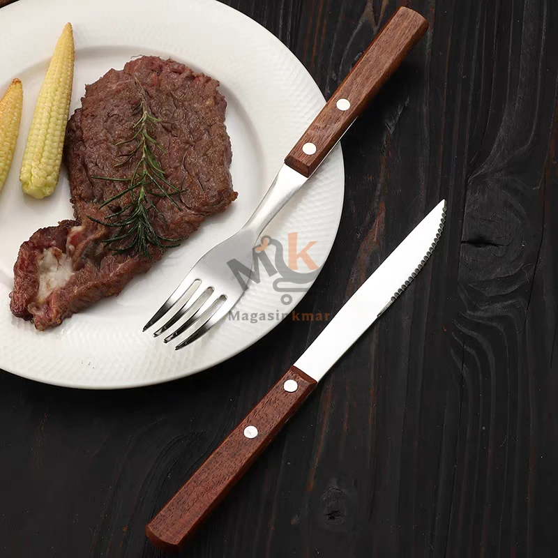 Lot de 6 couverts de table manche en bois – Fourchettes et couteaux 21 cm